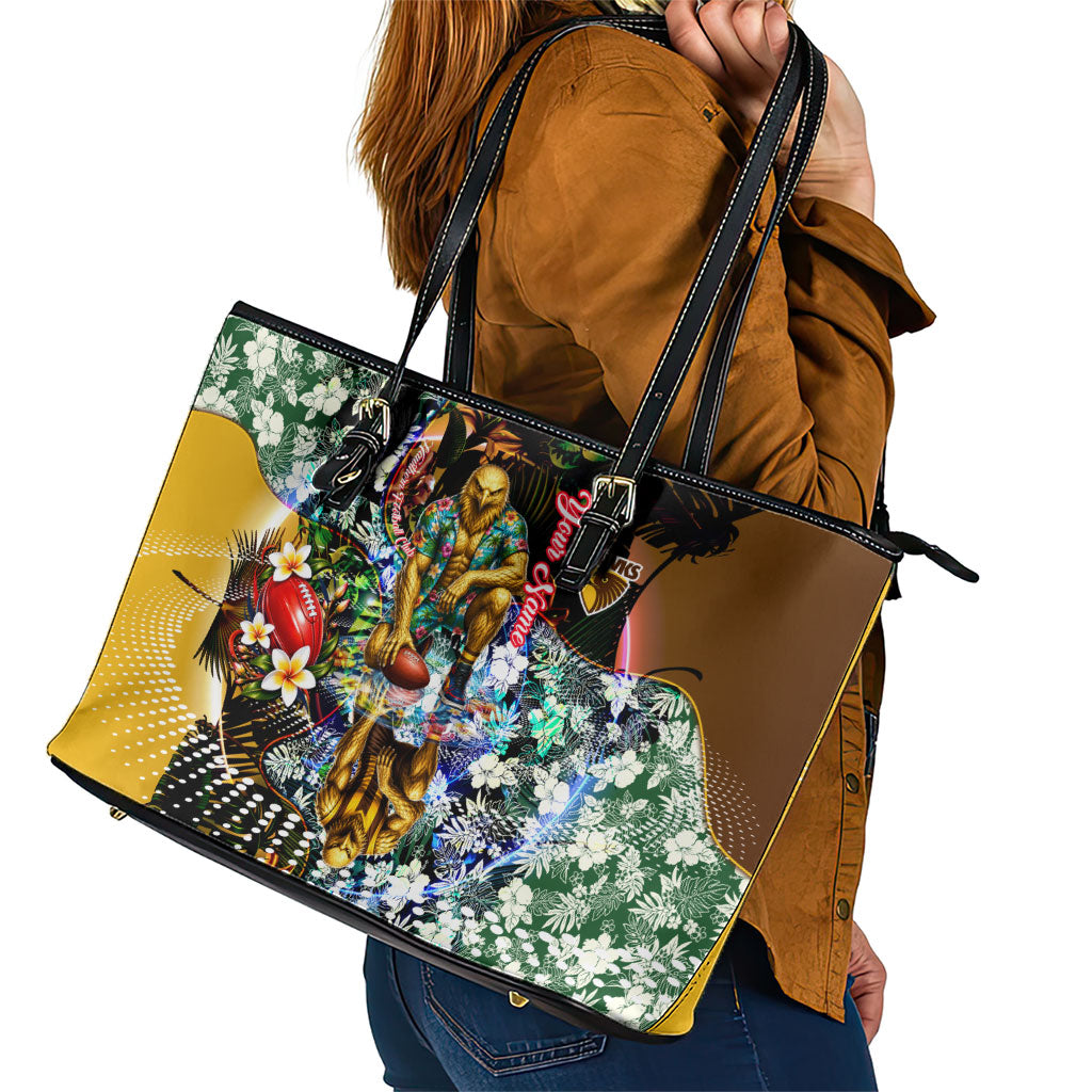 Personalized Hawthorn Football Hawks Leather Tote Bag Tropical Hibiscus Flowers - Pacific Fusion Style