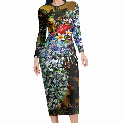 Personalized Hawthorn Football Hawks Long Sleeve Bodycon Dress Tropical Hibiscus Flowers - Pacific Fusion Style