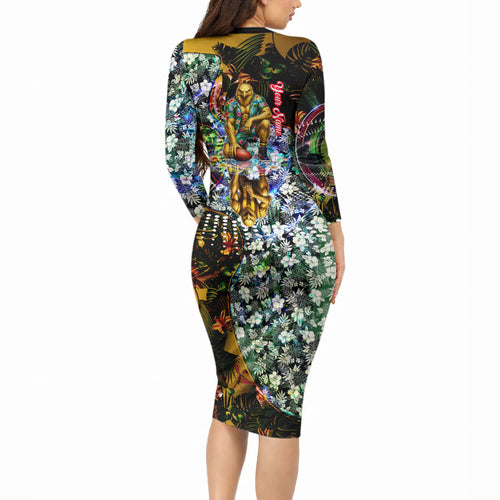 Personalized Hawthorn Football Hawks Long Sleeve Bodycon Dress Tropical Hibiscus Flowers - Pacific Fusion Style