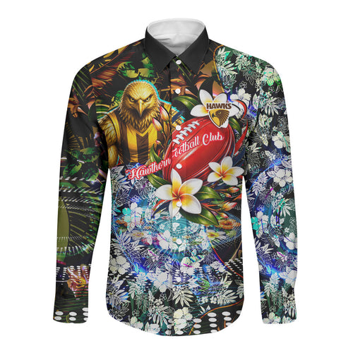 Personalized Hawthorn Football Hawks Long Sleeve Button Shirt Tropical Hibiscus Flowers - Pacific Fusion Style