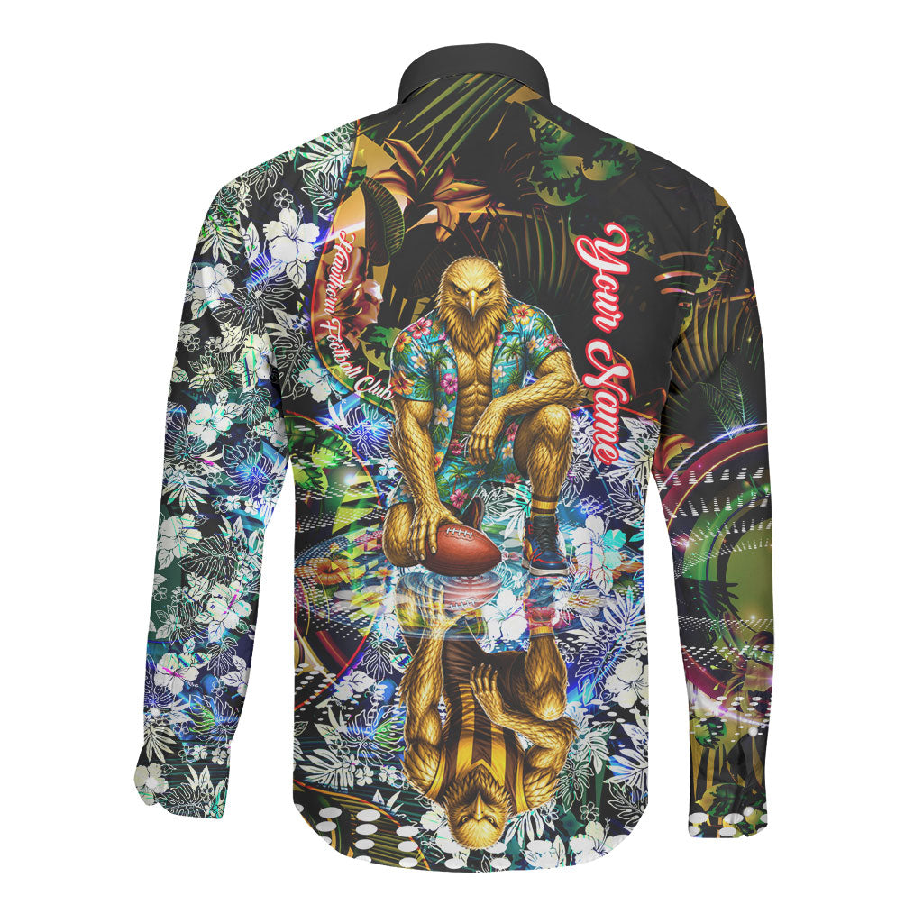 Personalized Hawthorn Football Hawks Long Sleeve Button Shirt Tropical Hibiscus Flowers - Pacific Fusion Style
