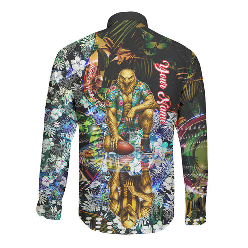 Personalized Hawthorn Football Hawks Long Sleeve Button Shirt Tropical Hibiscus Flowers - Pacific Fusion Style