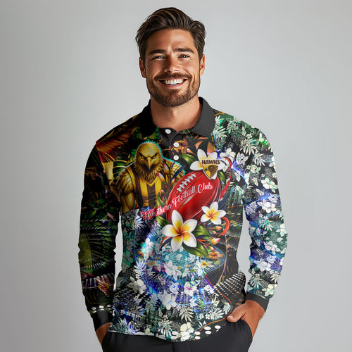 Personalized Hawthorn Football Hawks Long Sleeve Polo Shirt Tropical Hibiscus Flowers - Pacific Fusion Style