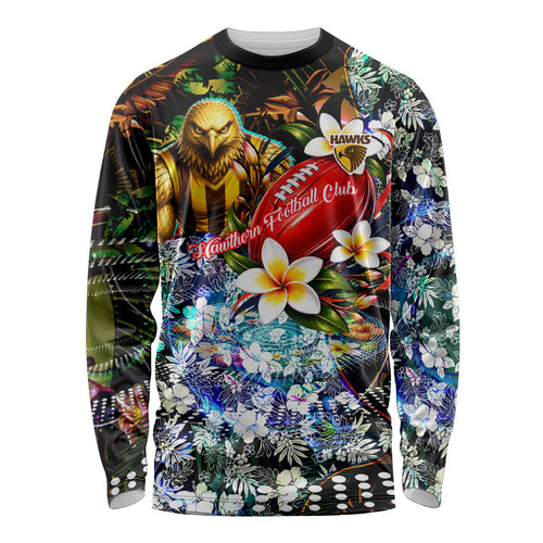 Personalized Hawthorn Football Hawks Long Sleeve Shirt Tropical Hibiscus Flowers - Pacific Fusion Style