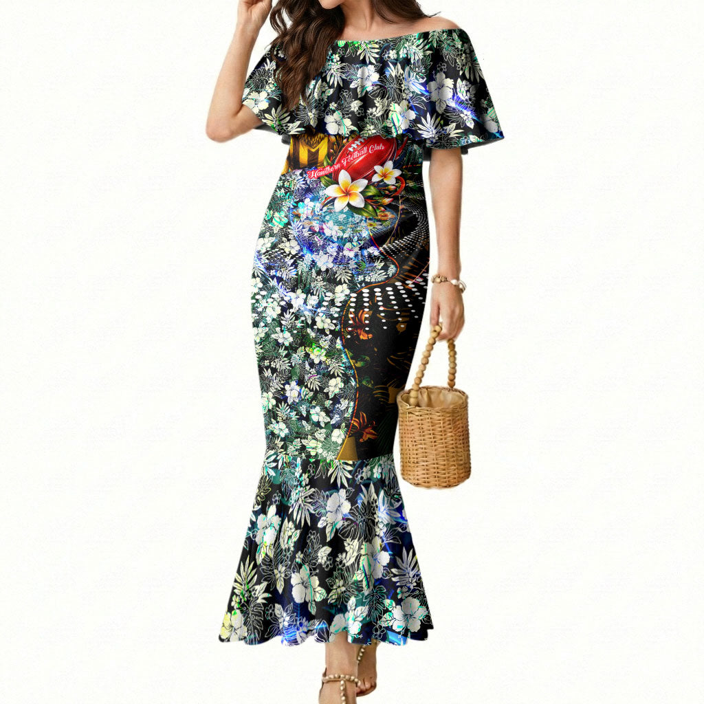 Personalized Hawthorn Football Hawks Mermaid Dress Tropical Hibiscus Flowers - Pacific Fusion Style