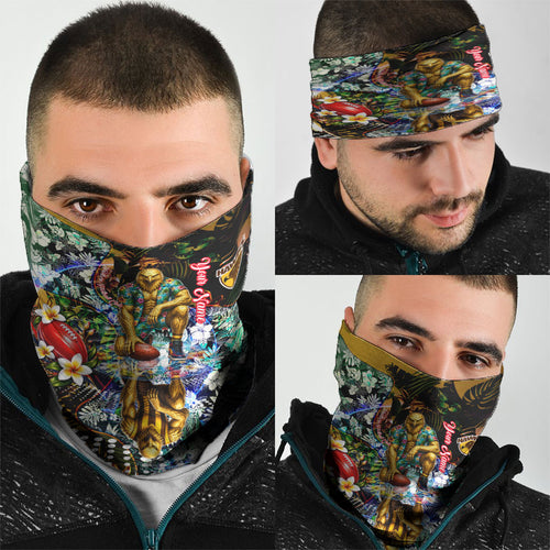 Personalized Hawthorn Football Hawks Neck Gaiter Tropical Hibiscus Flowers - Pacific Fusion Style