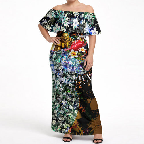Personalized Hawthorn Football Hawks Off Shoulder Maxi Dress Tropical Hibiscus Flowers - Pacific Fusion Style