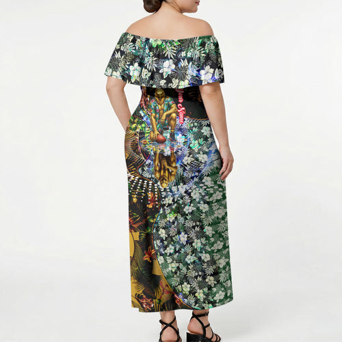 Personalized Hawthorn Football Hawks Off Shoulder Maxi Dress Tropical Hibiscus Flowers - Pacific Fusion Style