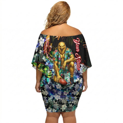 Personalized Hawthorn Football Hawks Off Shoulder Short Dress Tropical Hibiscus Flowers - Pacific Fusion Style