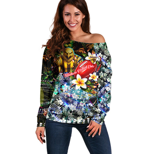 Personalized Hawthorn Football Hawks Off Shoulder Sweater Tropical Hibiscus Flowers - Pacific Fusion Style