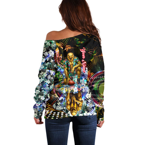 Personalized Hawthorn Football Hawks Off Shoulder Sweater Tropical Hibiscus Flowers - Pacific Fusion Style