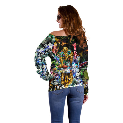 Personalized Hawthorn Football Hawks Off Shoulder Sweater Tropical Hibiscus Flowers - Pacific Fusion Style