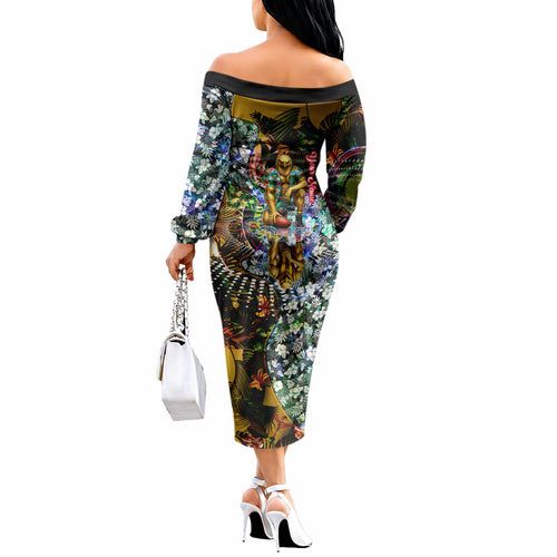 Personalized Hawthorn Football Hawks Off The Shoulder Long Sleeve Dress Tropical Hibiscus Flowers - Pacific Fusion Style