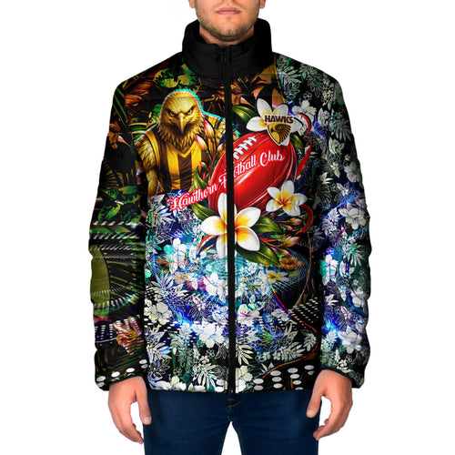 Personalized Hawthorn Football Hawks Padded Jacket Tropical Hibiscus Flowers - Pacific Fusion Style