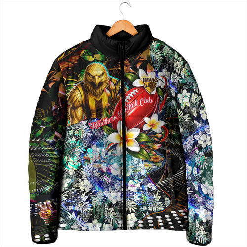 Personalized Hawthorn Football Hawks Padded Jacket Tropical Hibiscus Flowers - Pacific Fusion Style