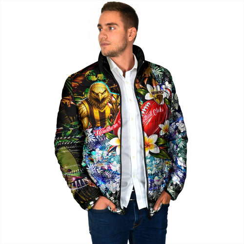 Personalized Hawthorn Football Hawks Padded Jacket Tropical Hibiscus Flowers - Pacific Fusion Style