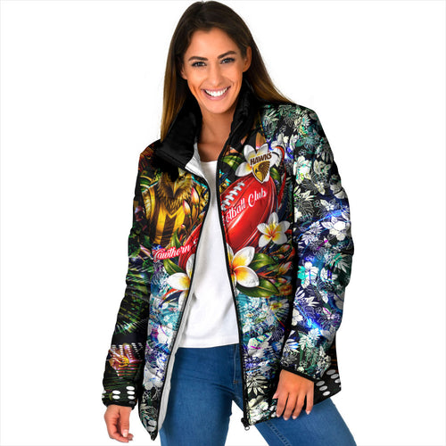 Personalized Hawthorn Football Hawks Padded Jacket Tropical Hibiscus Flowers - Pacific Fusion Style