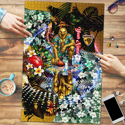Personalized Hawthorn Football Hawks Puzzle Tropical Hibiscus Flowers - Pacific Fusion Style
