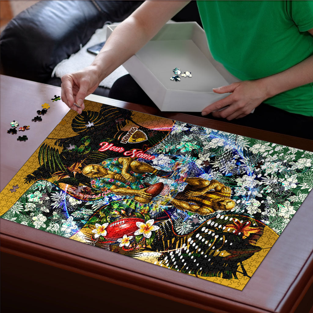 Personalized Hawthorn Football Hawks Puzzle Tropical Hibiscus Flowers - Pacific Fusion Style