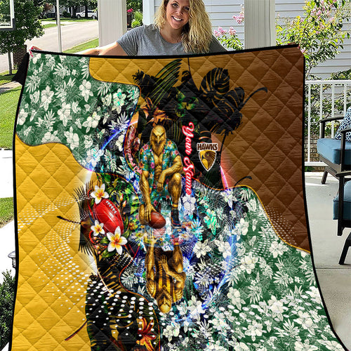 Personalized Hawthorn Football Hawks Quilt Tropical Hibiscus Flowers - Pacific Fusion Style