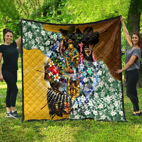 Personalized Hawthorn Football Hawks Quilt Tropical Hibiscus Flowers - Pacific Fusion Style