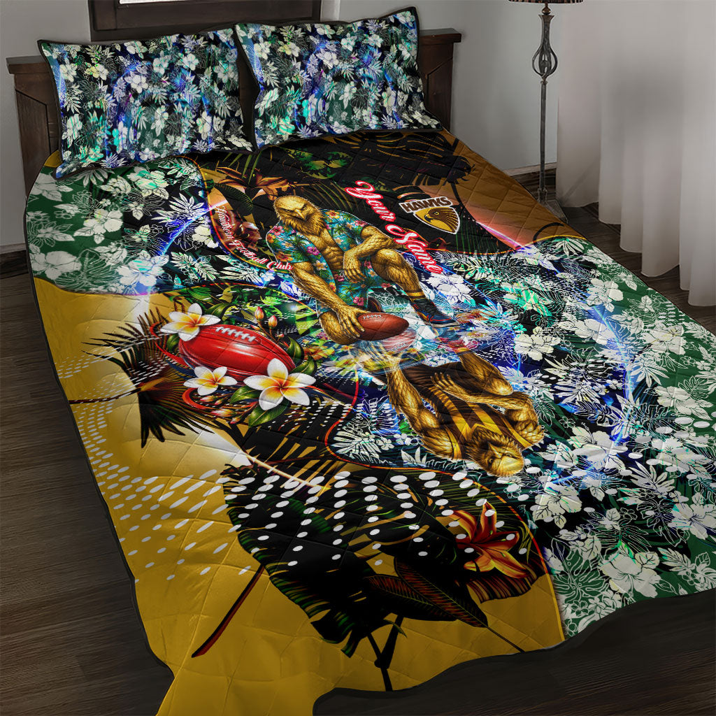 Personalized Hawthorn Football Hawks Quilt Bed Set Tropical Hibiscus Flowers - Pacific Fusion Style