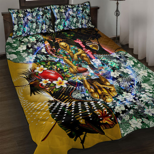 Personalized Hawthorn Football Hawks Quilt Bed Set Tropical Hibiscus Flowers - Pacific Fusion Style