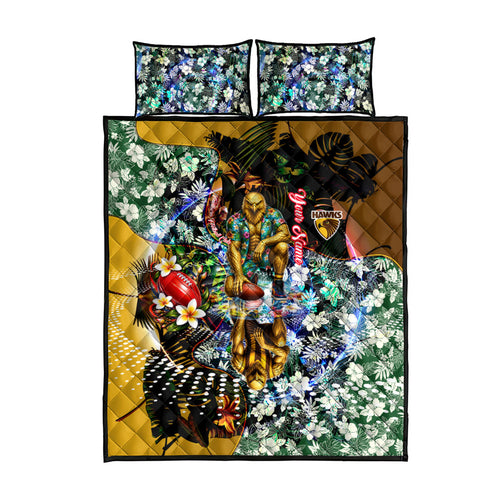 Personalized Hawthorn Football Hawks Quilt Bed Set Tropical Hibiscus Flowers - Pacific Fusion Style