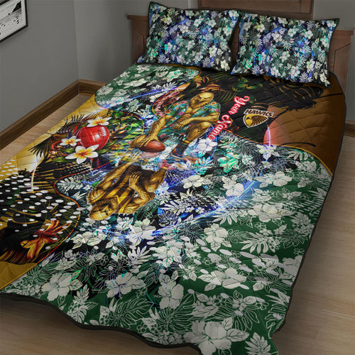 Personalized Hawthorn Football Hawks Quilt Bed Set Tropical Hibiscus Flowers - Pacific Fusion Style
