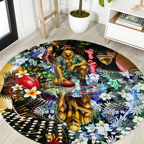 Personalized Hawthorn Football Hawks Round Carpet Tropical Hibiscus Flowers - Pacific Fusion Style