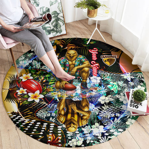 Personalized Hawthorn Football Hawks Round Carpet Tropical Hibiscus Flowers - Pacific Fusion Style