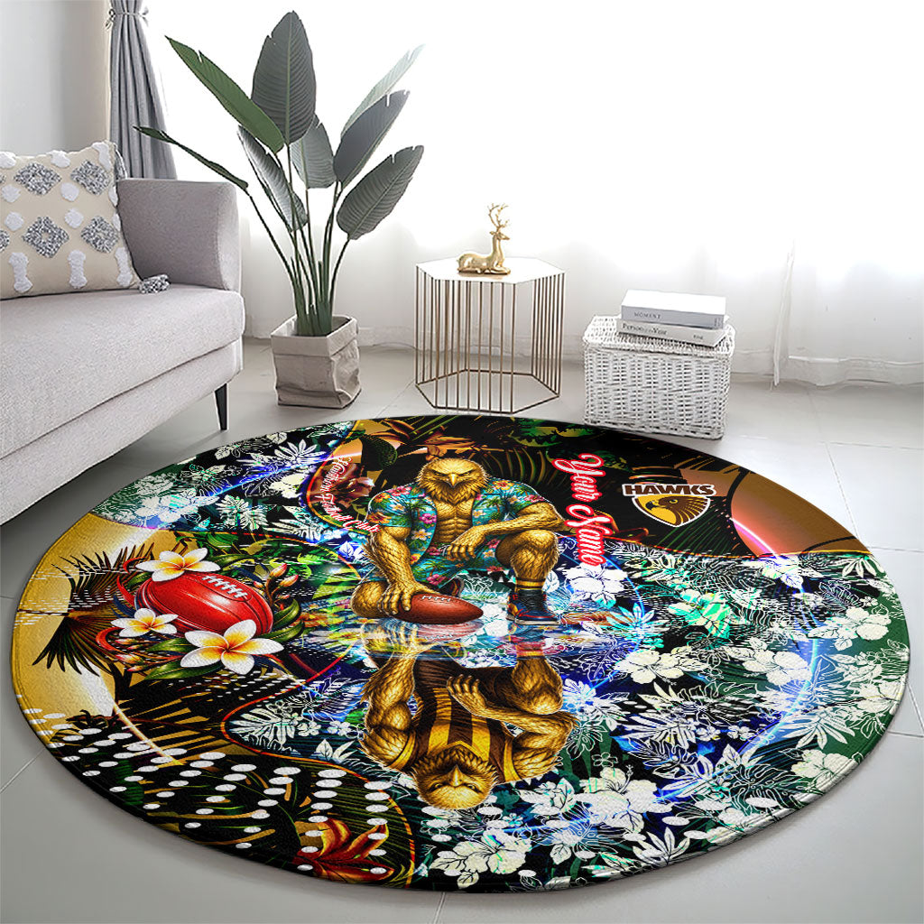 Personalized Hawthorn Football Hawks Round Carpet Tropical Hibiscus Flowers - Pacific Fusion Style