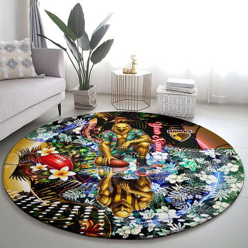 Personalized Hawthorn Football Hawks Round Carpet Tropical Hibiscus Flowers - Pacific Fusion Style