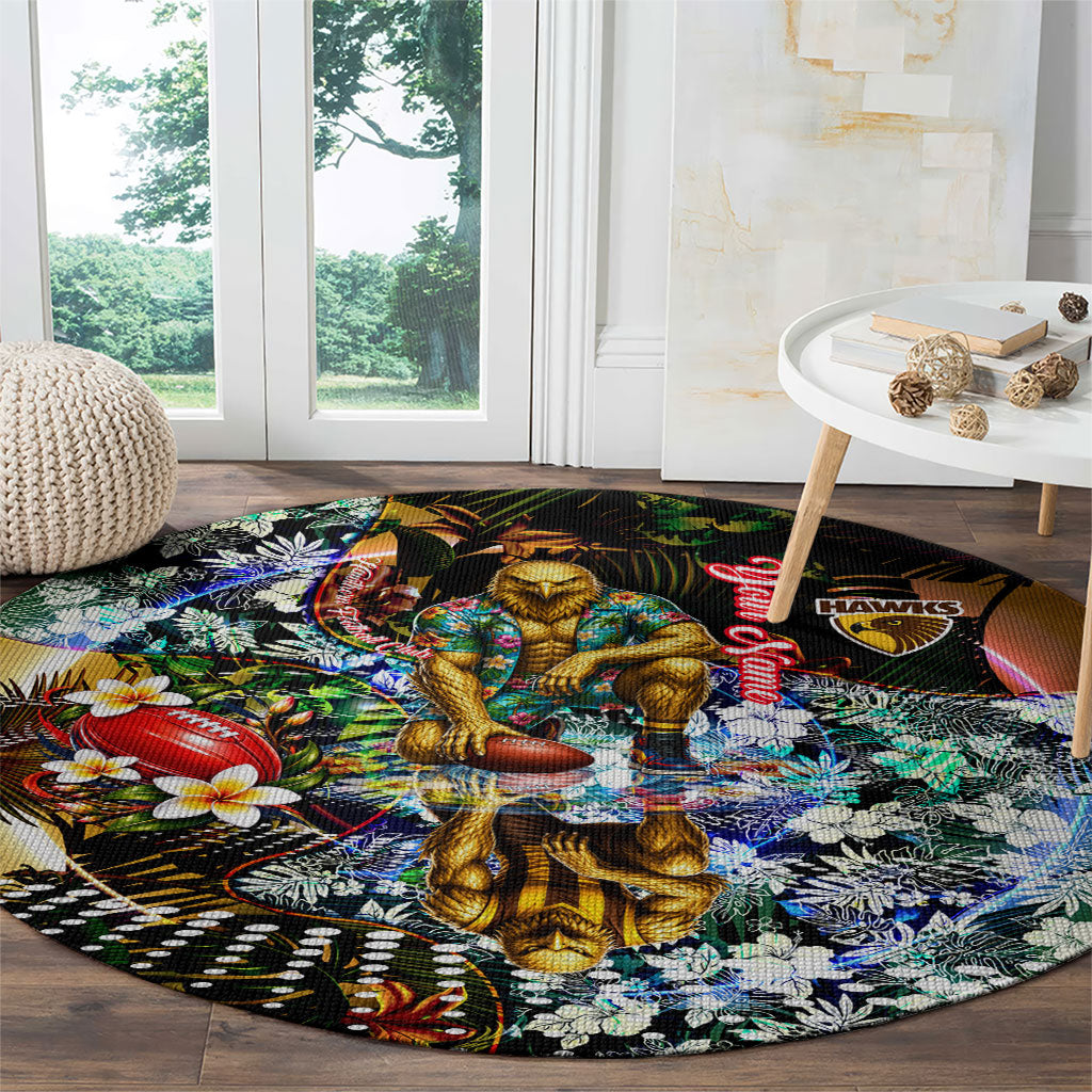 Personalized Hawthorn Football Hawks Round Carpet Tropical Hibiscus Flowers - Pacific Fusion Style
