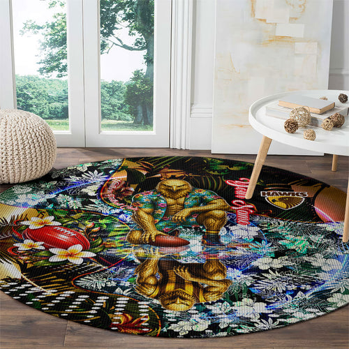 Personalized Hawthorn Football Hawks Round Carpet Tropical Hibiscus Flowers - Pacific Fusion Style