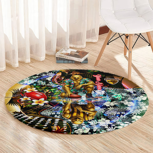 Personalized Hawthorn Football Hawks Round Carpet Tropical Hibiscus Flowers - Pacific Fusion Style