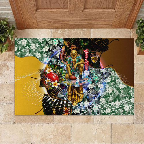 Personalized Hawthorn Football Hawks Rubber Doormat Tropical Hibiscus Flowers - Pacific Fusion Style
