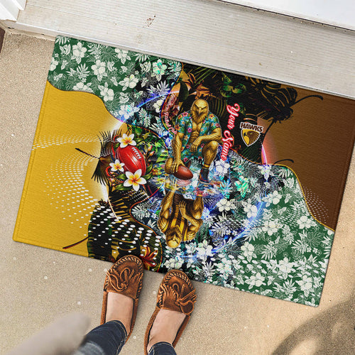 Personalized Hawthorn Football Hawks Rubber Doormat Tropical Hibiscus Flowers - Pacific Fusion Style