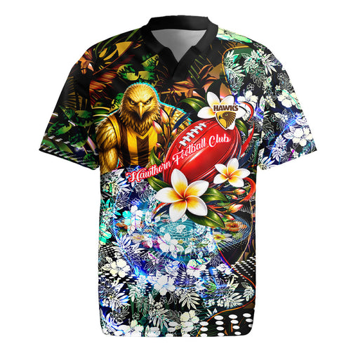 Personalized Hawthorn Football Hawks Rugby Jersey Tropical Hibiscus Flowers - Pacific Fusion Style