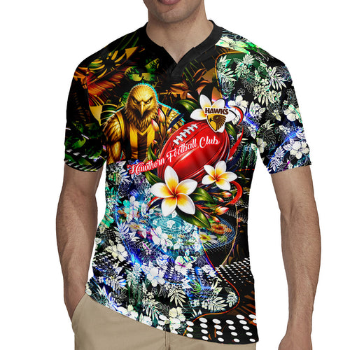 Personalized Hawthorn Football Hawks Rugby Jersey Tropical Hibiscus Flowers - Pacific Fusion Style