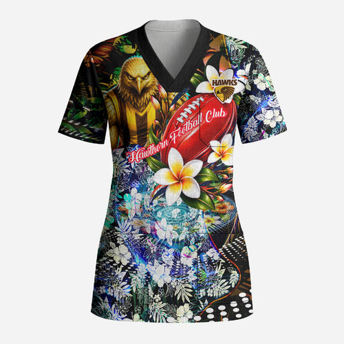 Personalized Hawthorn Football Hawks Scrub Top Tropical Hibiscus Flowers - Pacific Fusion Style