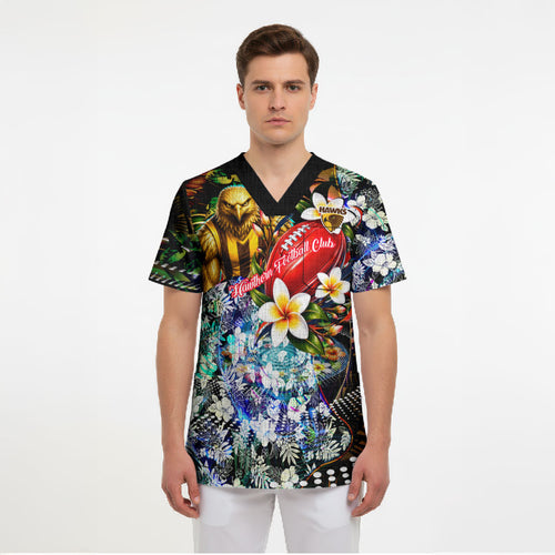 Personalized Hawthorn Football Hawks Scrub Top Tropical Hibiscus Flowers - Pacific Fusion Style