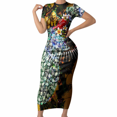 Personalized Hawthorn Football Hawks Short Sleeve Bodycon Dress Tropical Hibiscus Flowers - Pacific Fusion Style