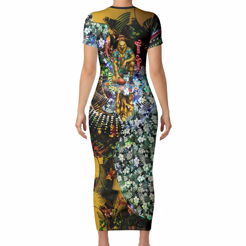 Personalized Hawthorn Football Hawks Short Sleeve Bodycon Dress Tropical Hibiscus Flowers - Pacific Fusion Style