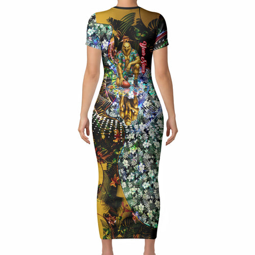 Personalized Hawthorn Football Hawks Short Sleeve Bodycon Dress Tropical Hibiscus Flowers - Pacific Fusion Style