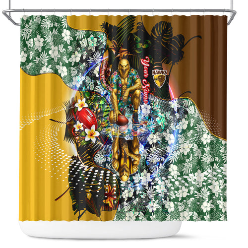 Personalized Hawthorn Football Hawks Shower Curtain Tropical Hibiscus Flowers - Pacific Fusion Style