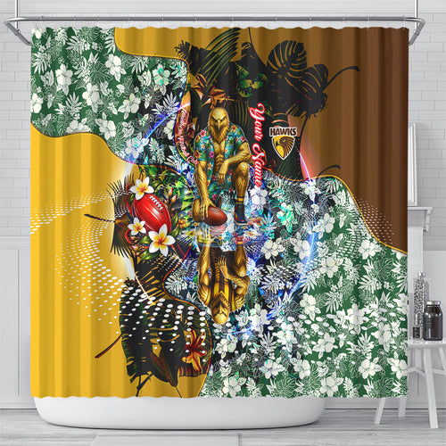 Personalized Hawthorn Football Hawks Shower Curtain Tropical Hibiscus Flowers - Pacific Fusion Style