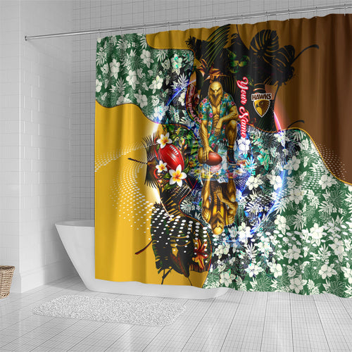 Personalized Hawthorn Football Hawks Shower Curtain Tropical Hibiscus Flowers - Pacific Fusion Style