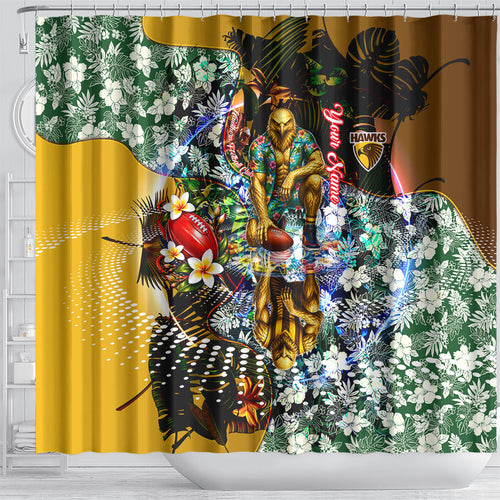 Personalized Hawthorn Football Hawks Shower Curtain Tropical Hibiscus Flowers - Pacific Fusion Style