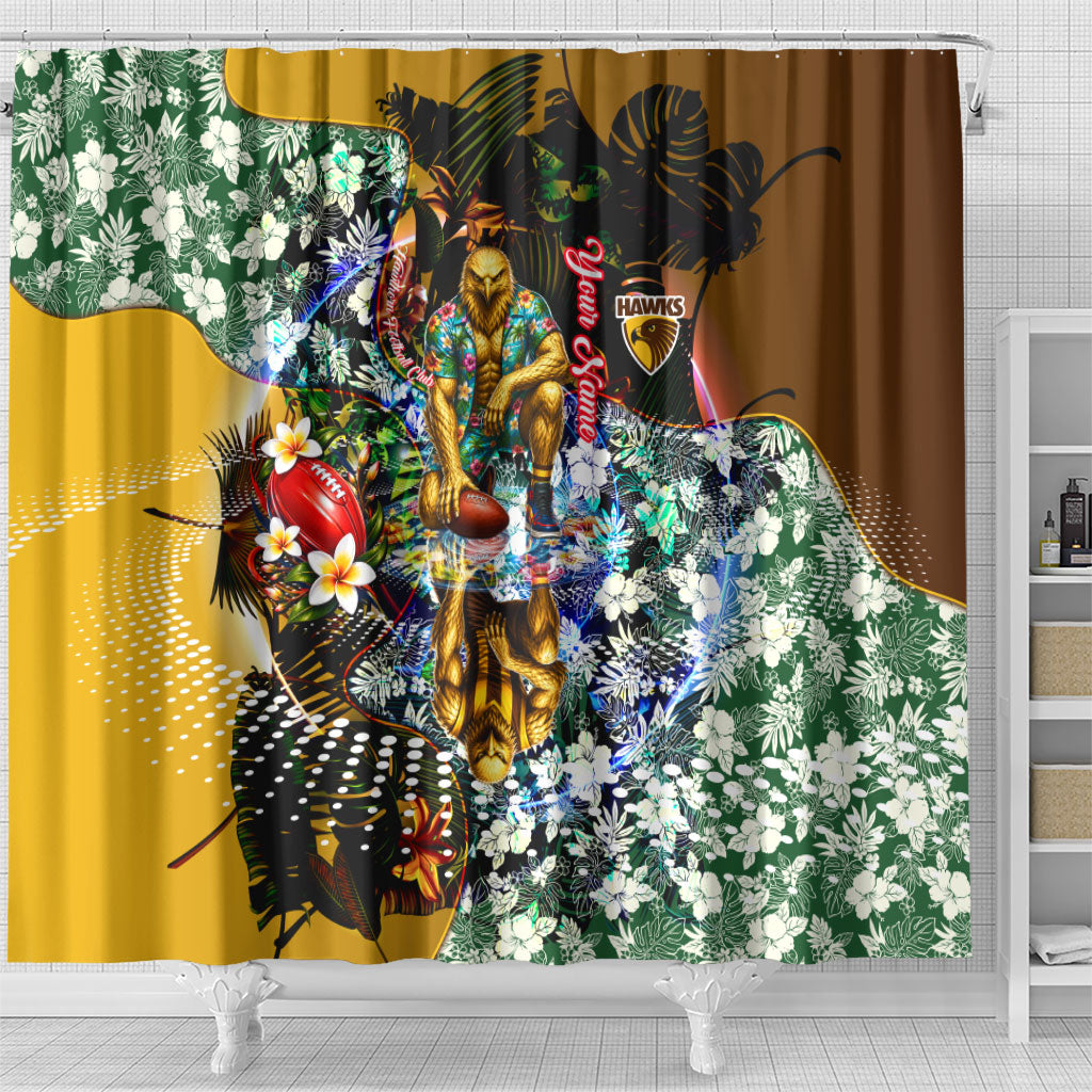 Personalized Hawthorn Football Hawks Shower Curtain Tropical Hibiscus Flowers - Pacific Fusion Style
